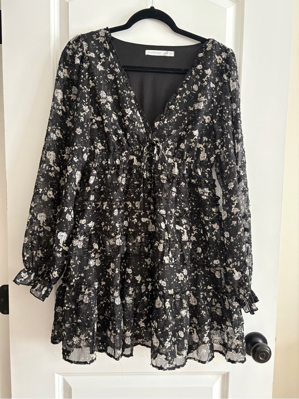 Altar'd State Black Floral Long Sleeve Tiered Dress